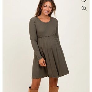 Ribbed Long Sleeve Olive Green Swing Dress